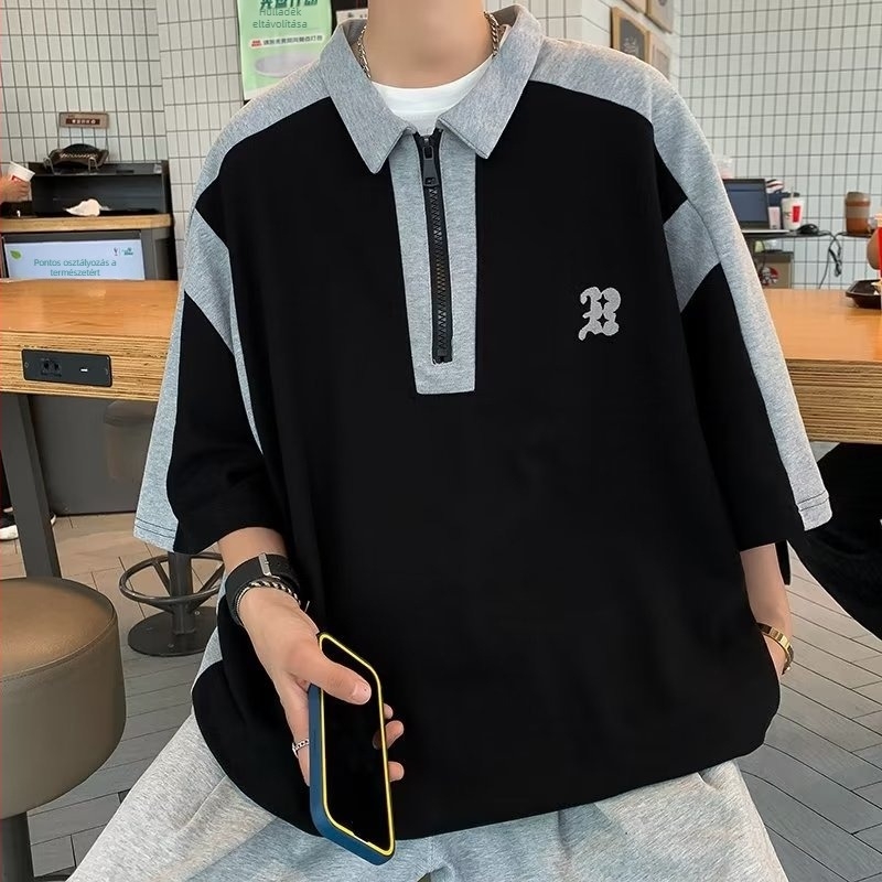 Férfi rövid ujjú poloing, Cityboy stílusú, japán retro dizájn, laza szabás, betűs mintázat