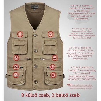 Férfi V-nyakú mellény több zsebbel, nagy méret, gombos, 100%-os pamut, egyszínű, hétköznapi munkaruházat