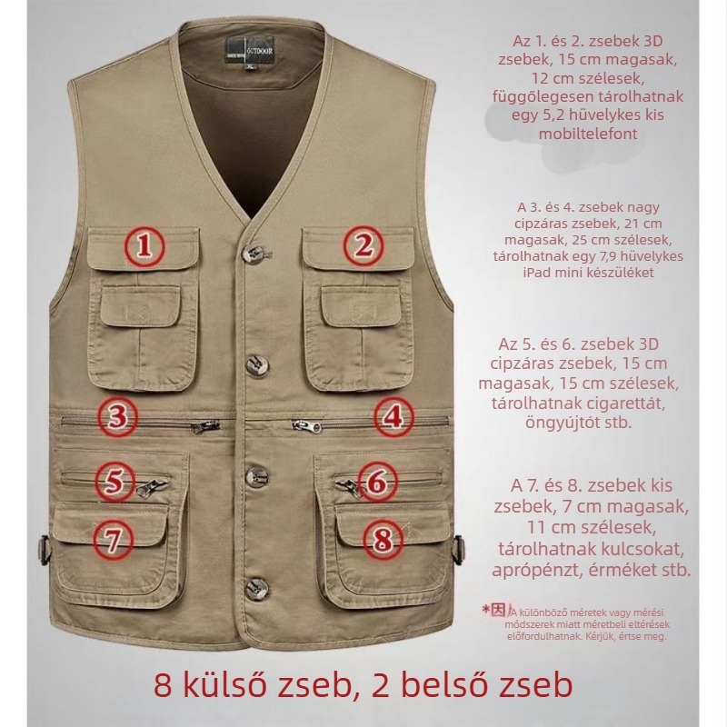 Férfi V-nyakú mellény több zsebbel, nagy méret, gombos, 100%-os pamut, egyszínű, hétköznapi munkaruházat