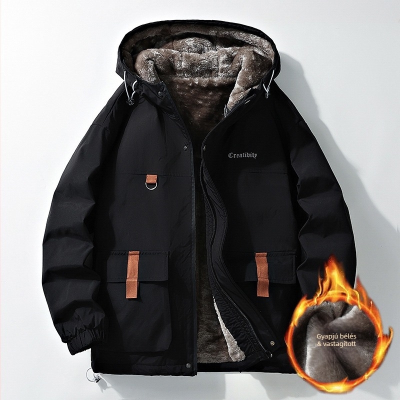 Amerikai stílusú munkaruha kabát fleece-bélés, lazán szabott, ősz–téli szezonra.