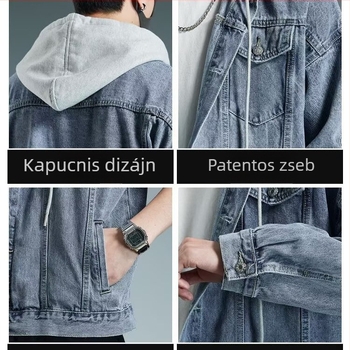 Koreai stílusú kapucnis farmerdzseki, oversize, hosszú ujjú, őszi-téli, férfiaknak