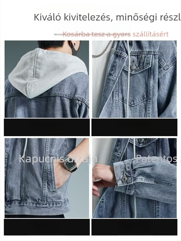 Koreai stílusú kapucnis farmerdzseki, oversize, hosszú ujjú, őszi-téli, férfiaknak