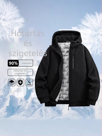 Férfi téli tollkabát kapucnival, meleg fleece bélés, laza szabású