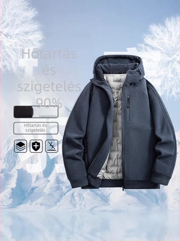 Férfi téli tollkabát kapucnival, meleg fleece bélés, laza szabású