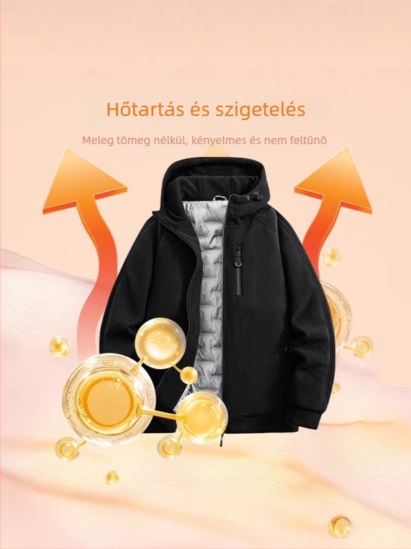 Férfi téli tollkabát kapucnival, meleg fleece bélés, laza szabású