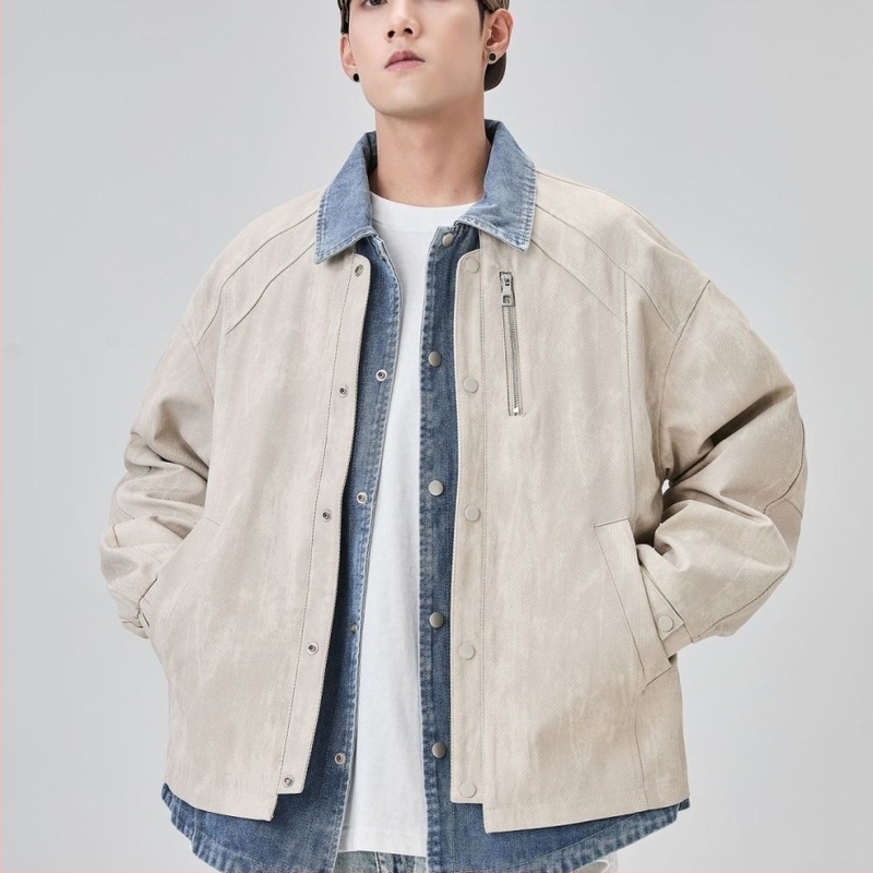Férfi denim patchwork dzseki galléros dizájnnal, dekonstrukciós dizájn, trendi márka, lazább casual dzseki