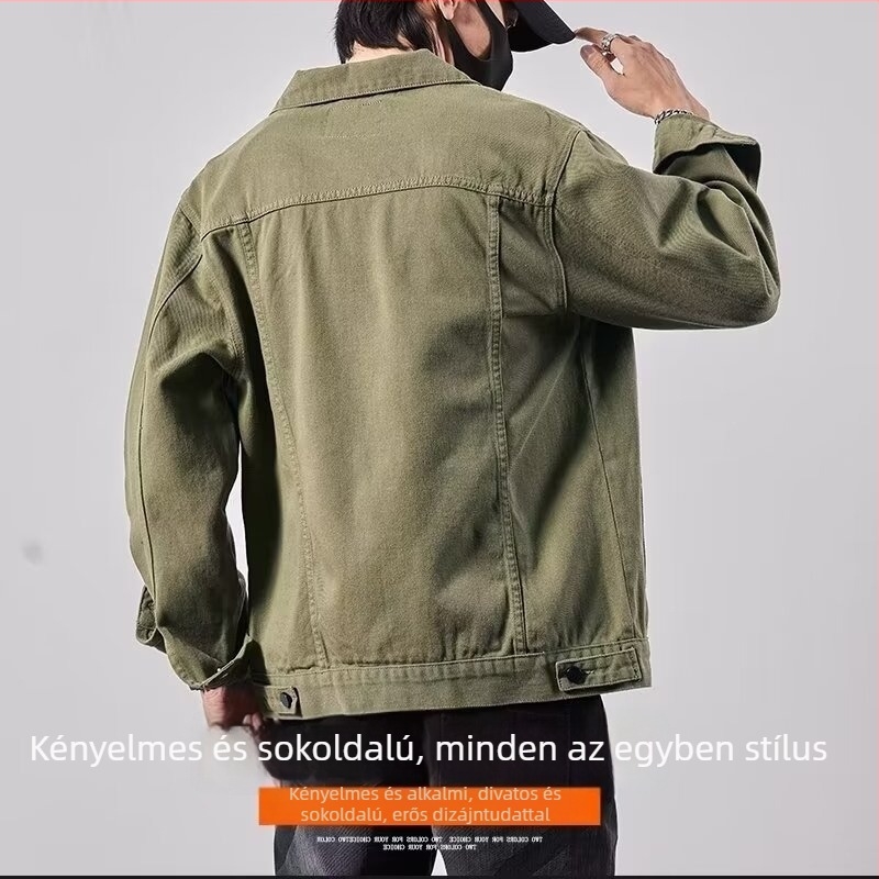 Plusz méretű férfi denim dzseki galléros, laza szabás, japán stílusú mindennapi munkavégzéshez, tavasz 2025