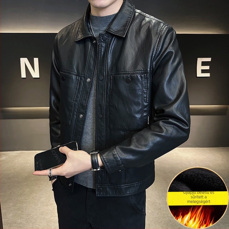 Fleece-béléssel ellátott PU bőrdzseki férfiaknak, őszi-téli 2024, 20208-6622