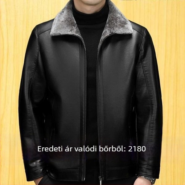 PU bőrből készült kabát fleece bélésével, téli vastag kivitel, báránybőr textúra, férfiaknak