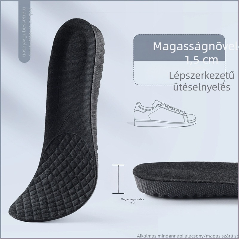 PVC sportmagasságító talpbetét, légáteresztő, ütéscsillapító, rejtett belső talp, uniszex, mindennapi használatra.