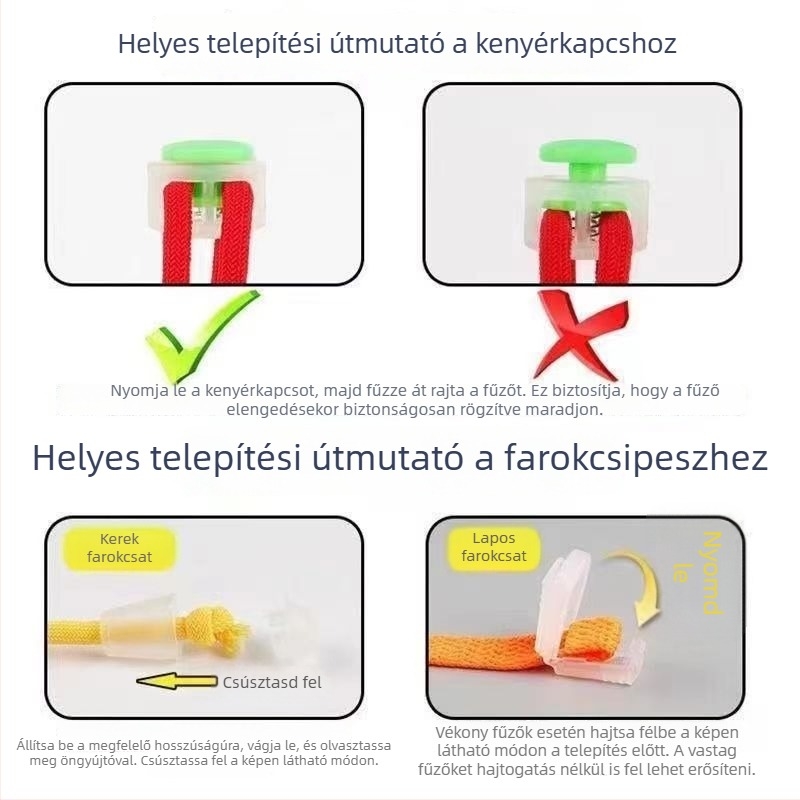 Rugalmas cipőfűző készlet rugós záróval és végklippel, gyermekeknek és felnőtteknek