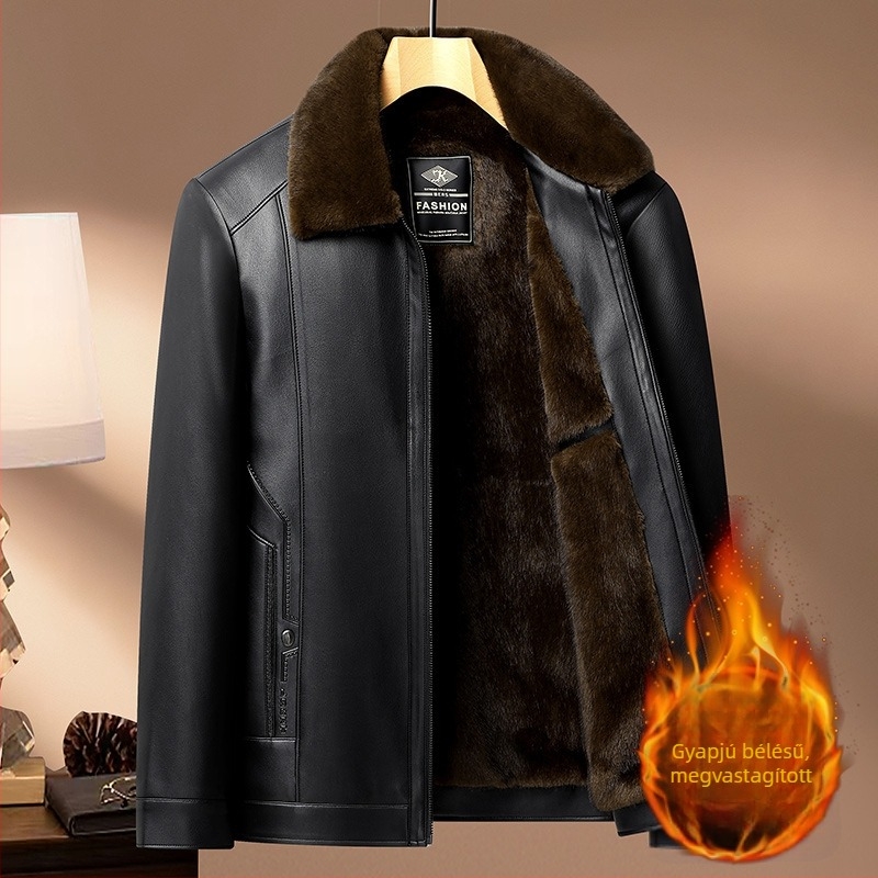 Férfi PU bőrdzseki fleece béléssel, galléros kivitel, meleg őszi-téli 2025, üzleti-casual viselet