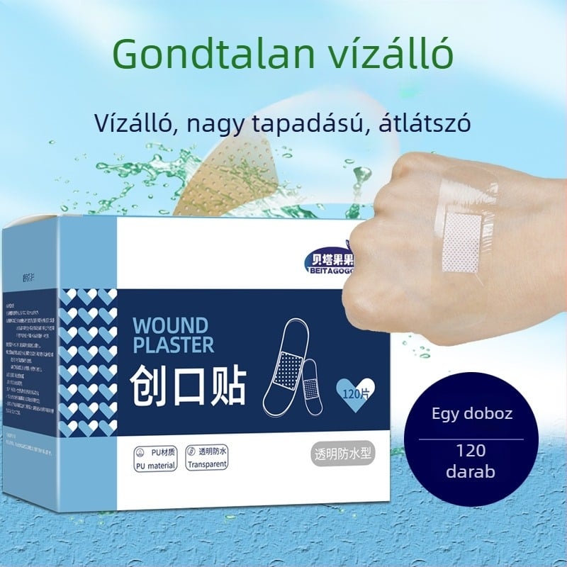 Vízálló, átlátszó hemostatikus sebtapasz, dörzsölés elleni védelemmel és hegfedő hatással, gondtalan fürdéshez és úszáshoz