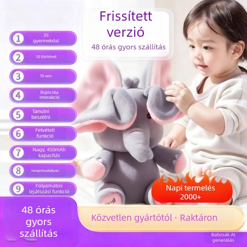 Baba plüss elefánt 0–3 éveseknek – fejét emelő, mozgó dallal és beszédfejlesztő funkcióval