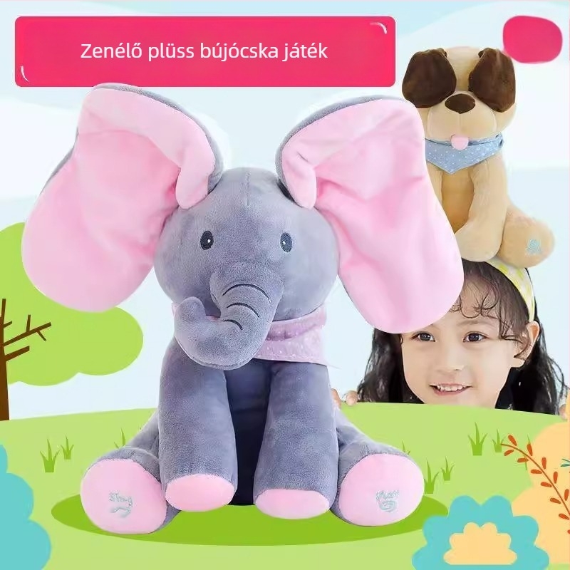 Baba plüss elefánt 0–3 éveseknek – fejét emelő, mozgó dallal és beszédfejlesztő funkcióval
