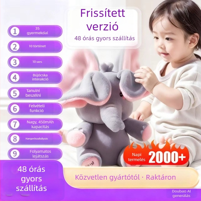 Baba plüss elefánt 0–3 éveseknek – fejét emelő, mozgó dallal és beszédfejlesztő funkcióval