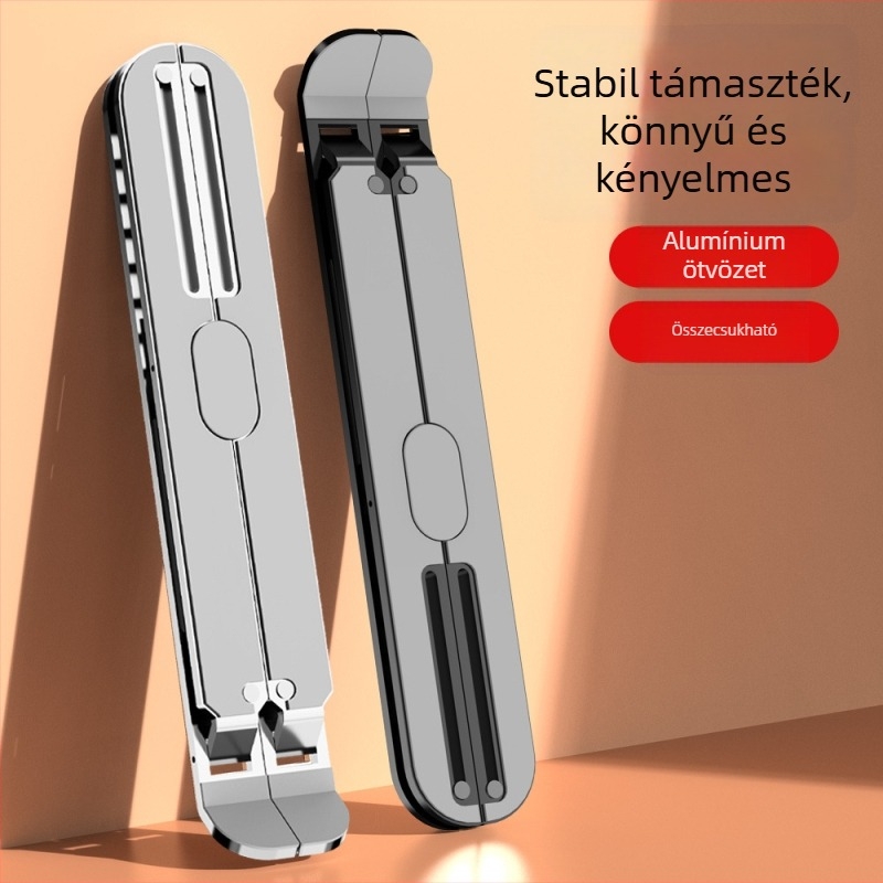 Alumíniumötvözetes laptop-tartó, állítható magasságú és összecsukható kivitelű, hatékony hűtésért