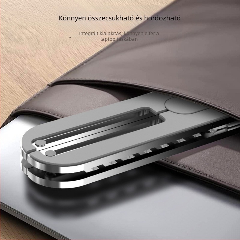 Alumíniumötvözetes laptop-tartó, állítható magasságú és összecsukható kivitelű, hatékony hűtésért