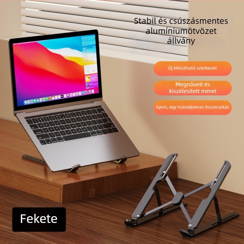 Alumíniumötvözetes laptop-tartó, állítható magasságú és összecsukható kivitelű, hatékony hűtésért