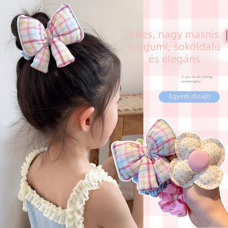 Rendkívül ízlésesen tervezett hajgumó butik anyagból, kockás és pöttyös mintával, lányoknak, pamuttöltettel és masnival