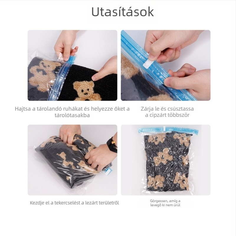 Utazáshoz tervezett kézi roll-tömörítő tasak ruhák és pehelykabátok tárolására