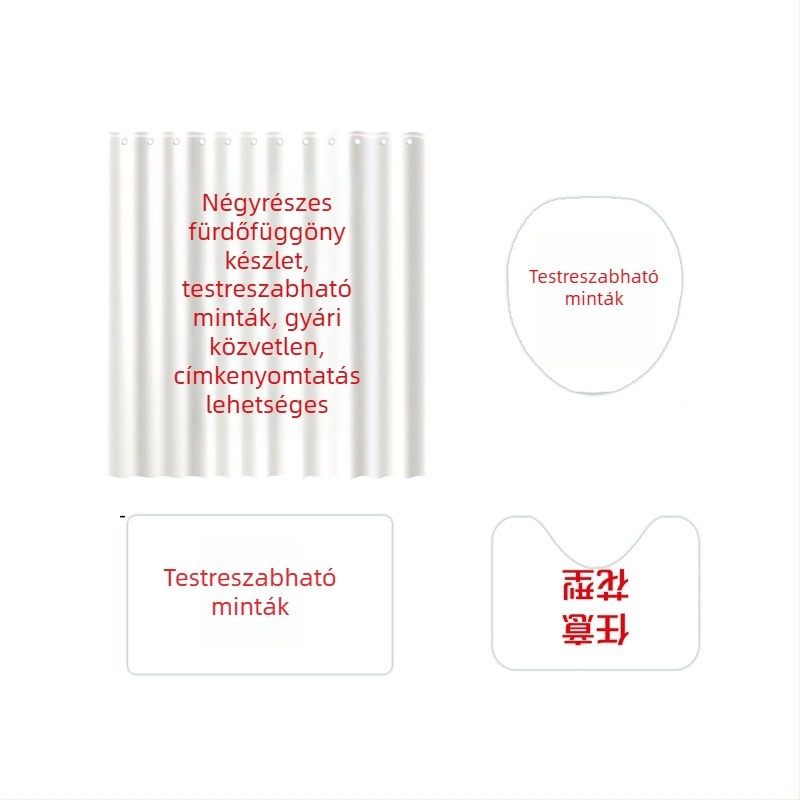 Geometriai mintázatú poliészter vízálló zuhanyfüggöny készlet kampókkal és csúszásmentes fürdőszobai szőnyeggel