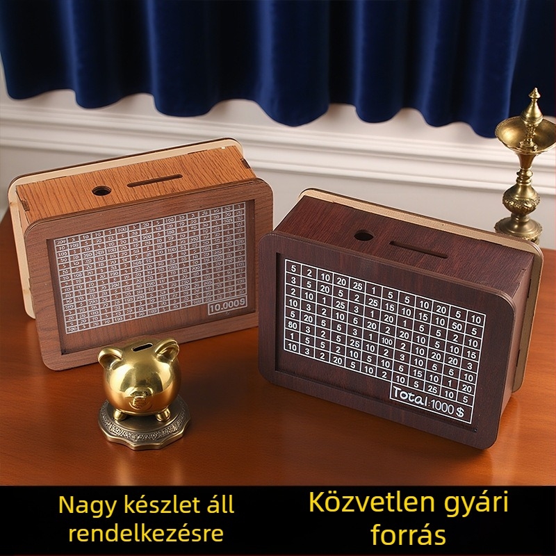 Fa persely digitális textúrával, asztali dekoráció a nappaliba, érmék tárolására