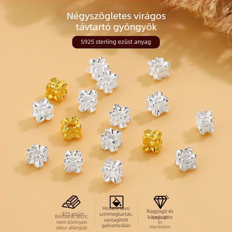S925 Sterling ezüst négyszögletes virág formájú gyöngyök DIY ékszerekhez, karkötő spacer gyöngyök