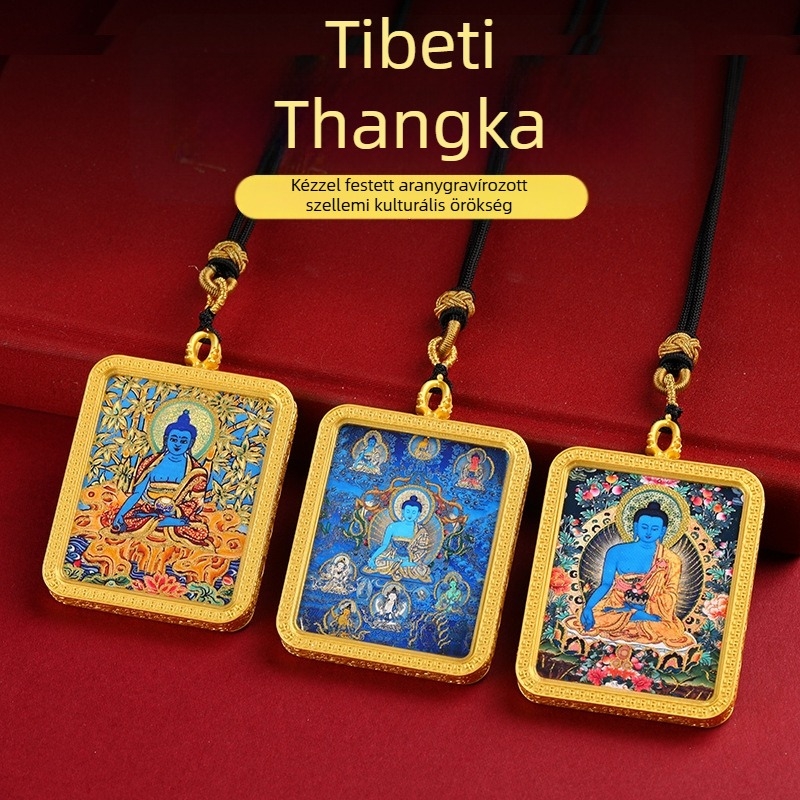 Tibeti stílusú Thangka nyaklánc Gyógyító Buddha Thangka, félig kézzel festett arany részletekkel
