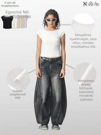 Női egyvállas karcsúsított pamut póló, rövid ujjú, nyugati stílus