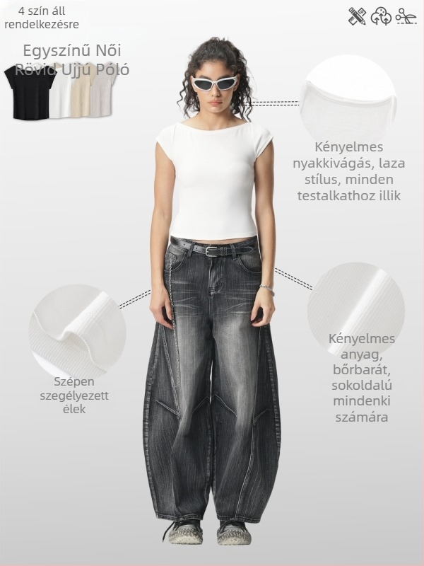 Női egyvállas karcsúsított pamut póló, rövid ujjú, nyugati stílus