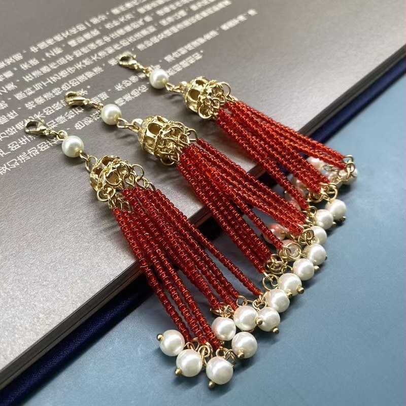 Üveg gyöngyök tassel és lánc Xiuhe-fanhoz – Hanfu DIY hajdíszanyagok