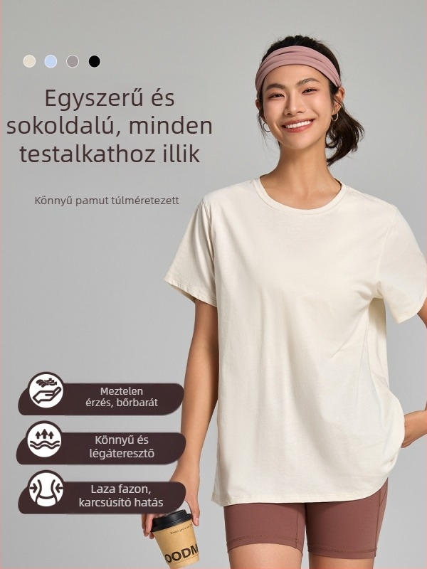 Női laza szabású pamut póló, nyári gyorsan száradó és hűsítő anyaggal, rövid ujjú, egyszínű, jóga és edzéshez