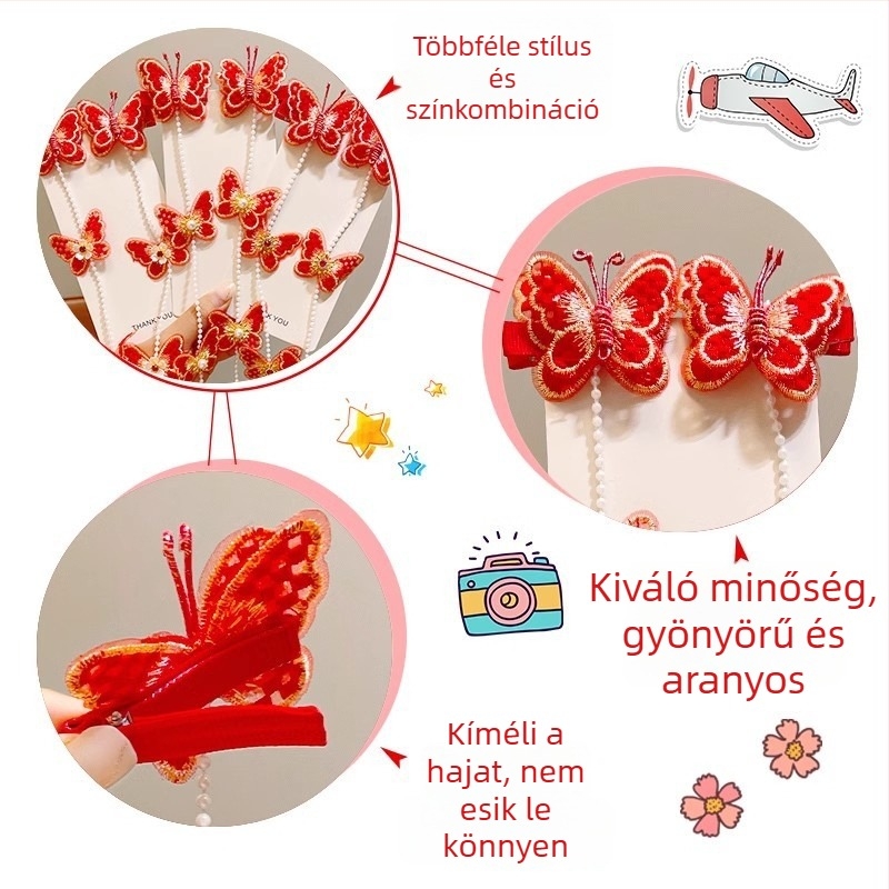 Gyermekeknek készült pillangó hajcsat bojtokkal, vintage-stílusú ünnepi hajdísz Új évre