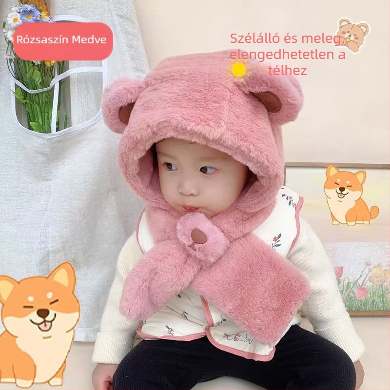 Gyerekeknek egyben sapka és sál – ősz-tél, kedves plüss dizájn, extra meleg, babafülvédős sapka