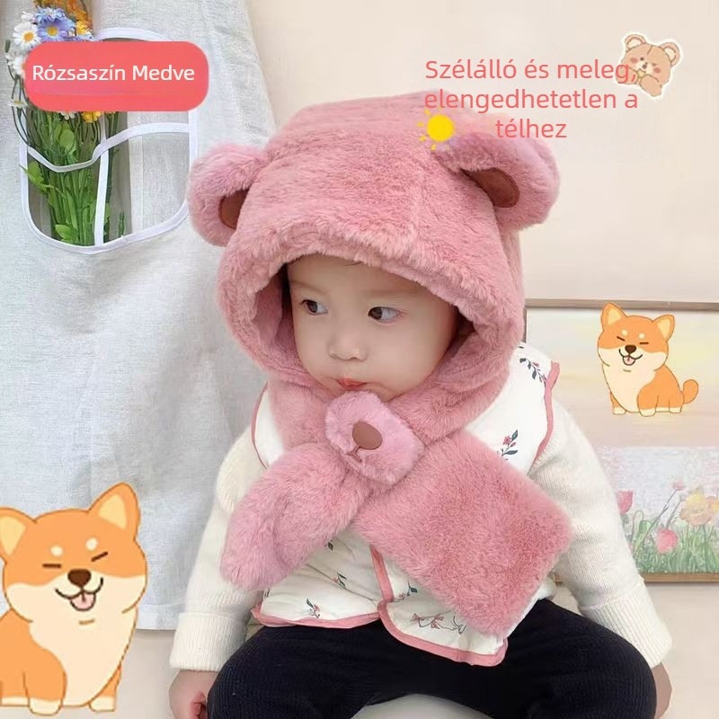 Gyerekeknek egyben sapka és sál – ősz-tél, kedves plüss dizájn, extra meleg, babafülvédős sapka