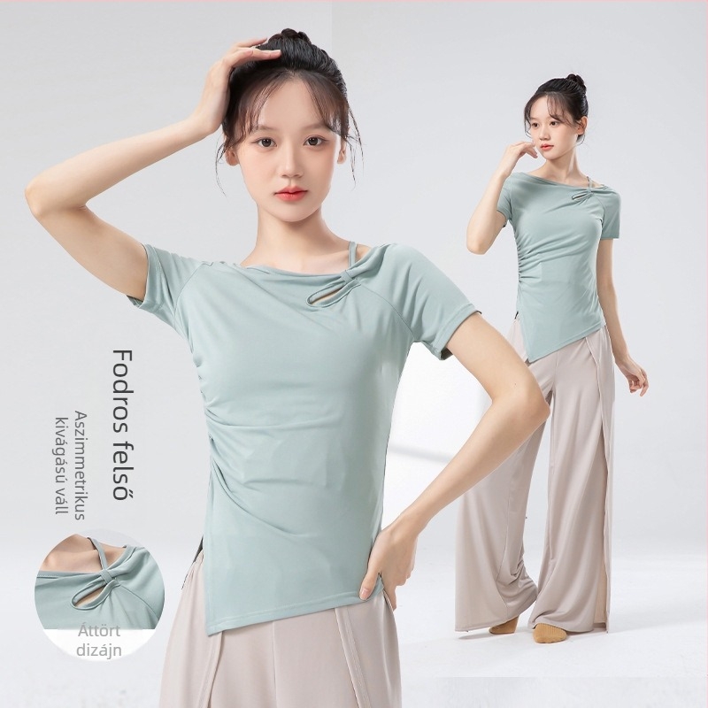Női slim-fit rövid ujjú top klasszikus kínai tánchoz, lyukasztott mintával, Copper-Ammonia Silk anyagból