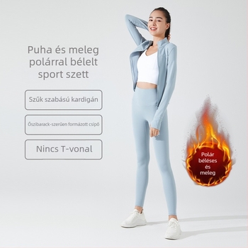 Női őszi-téli jóga szett fleece-béléssel és álló gallérral, felső és magas derekú leggings