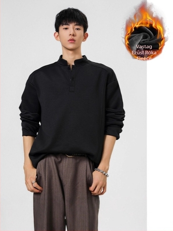 Férfiaknak készült Henley galléros, nehéz anyagú, hosszú ujjú, fleece-béléssel, patchwork-dekonstrukcióval, őszi-téli időszakra