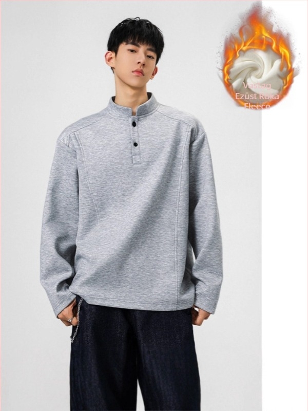 Férfiaknak készült Henley galléros, nehéz anyagú, hosszú ujjú, fleece-béléssel, patchwork-dekonstrukcióval, őszi-téli időszakra