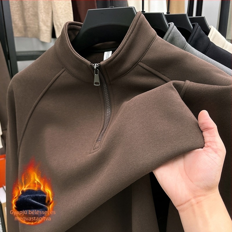 2024 Férfi fleece anyagú pulóver álló gallérral és fél cipzárral, karcsúsított szabás, téli modell