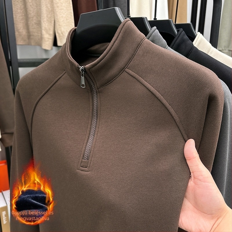 2024 Férfi fleece anyagú pulóver álló gallérral és fél cipzárral, karcsúsított szabás, téli modell