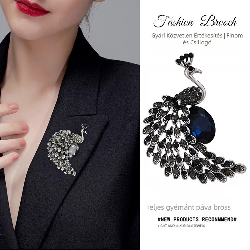 Vintage páva brooch gyémántokkal, antik udvari stílus, egyedi, elegáns rever dísz