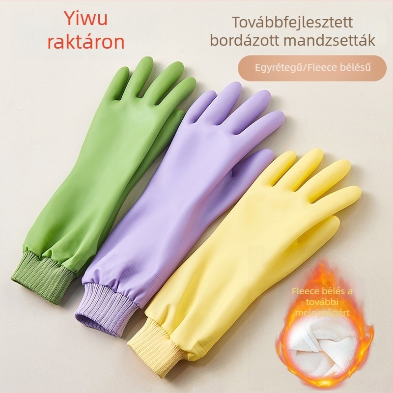 Új stílusú bordázott mandzsettás konyhai kesztyűk, vízálló PVC és fleece bélés, tartós mosogatáshoz és ruhatisztításhoz