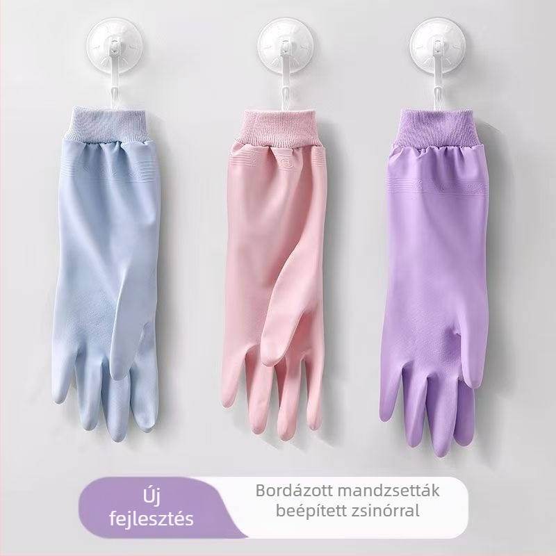 Új stílusú bordázott mandzsettás konyhai kesztyűk, vízálló PVC és fleece bélés, tartós mosogatáshoz és ruhatisztításhoz
