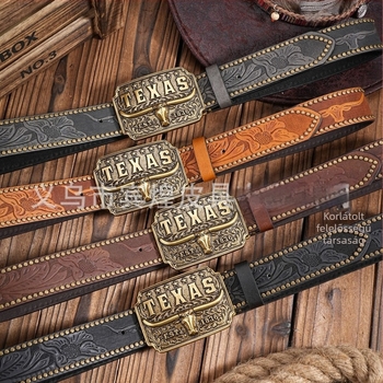 Férfi PU bőrből készült öv, tehénfej faragott mintával és szegecses díszítéssel, vintage western stílus