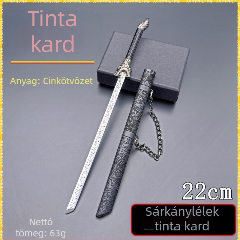 22 cm hosszú fém makett fegyver sárkány-szellem motívummal, fém hüvely, asztali dekoráció, tompa él