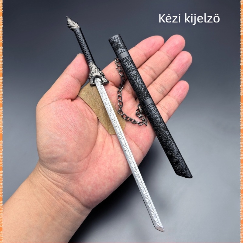 22 cm hosszú fém makett fegyver sárkány-szellem motívummal, fém hüvely, asztali dekoráció, tompa él