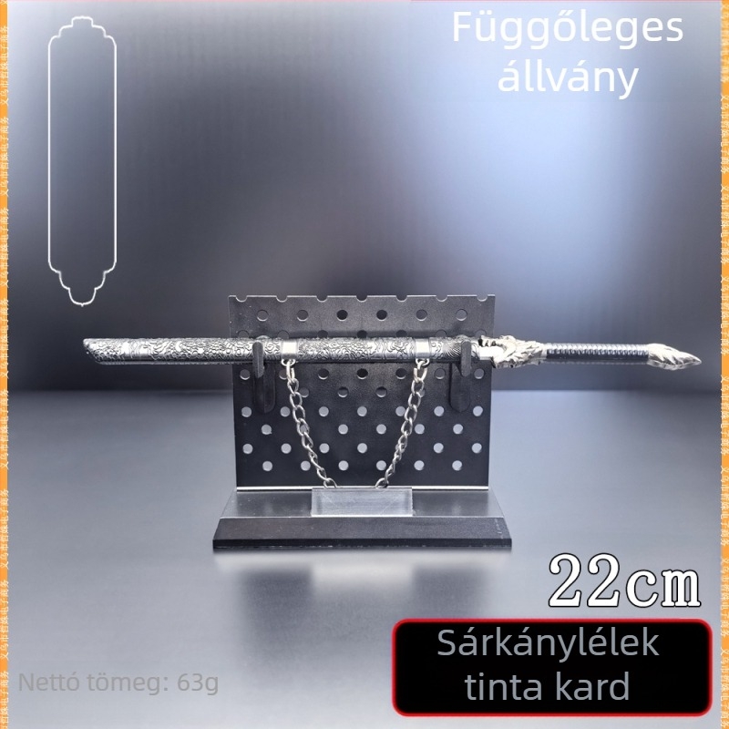 22 cm hosszú fém makett fegyver sárkány-szellem motívummal, fém hüvely, asztali dekoráció, tompa él