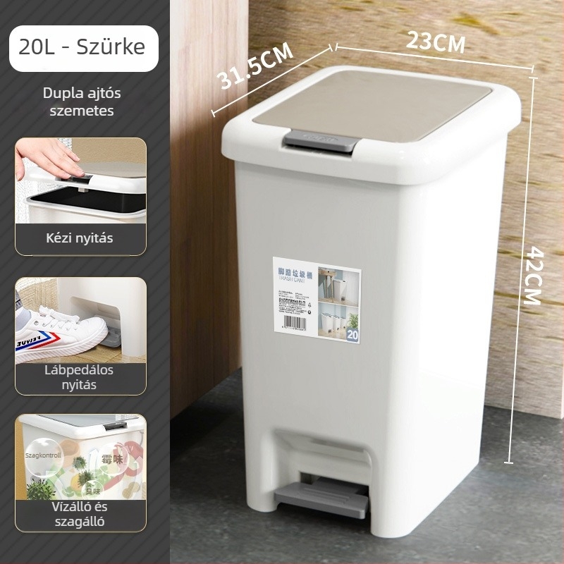 Lábtaposós szemetes fedővel, kapacitás több mint 12 L, fürdőszoba, konyha, WC, hálószoba, nappali és diákszálló számára
